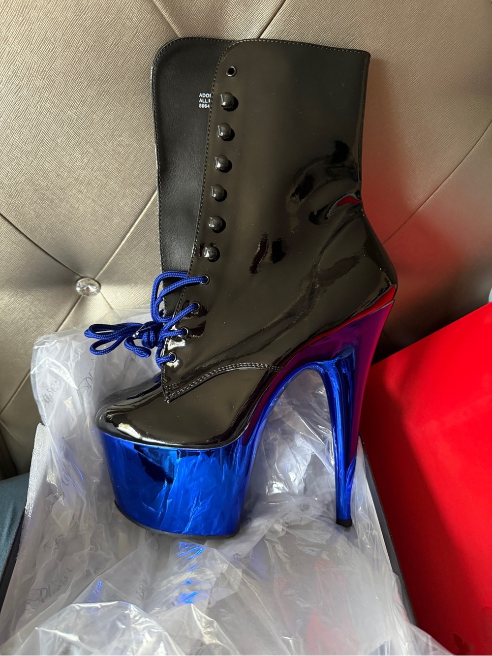 Pleaser Adore Black Patent & Electric Blue Platform Ankle Bootie - Stiletto